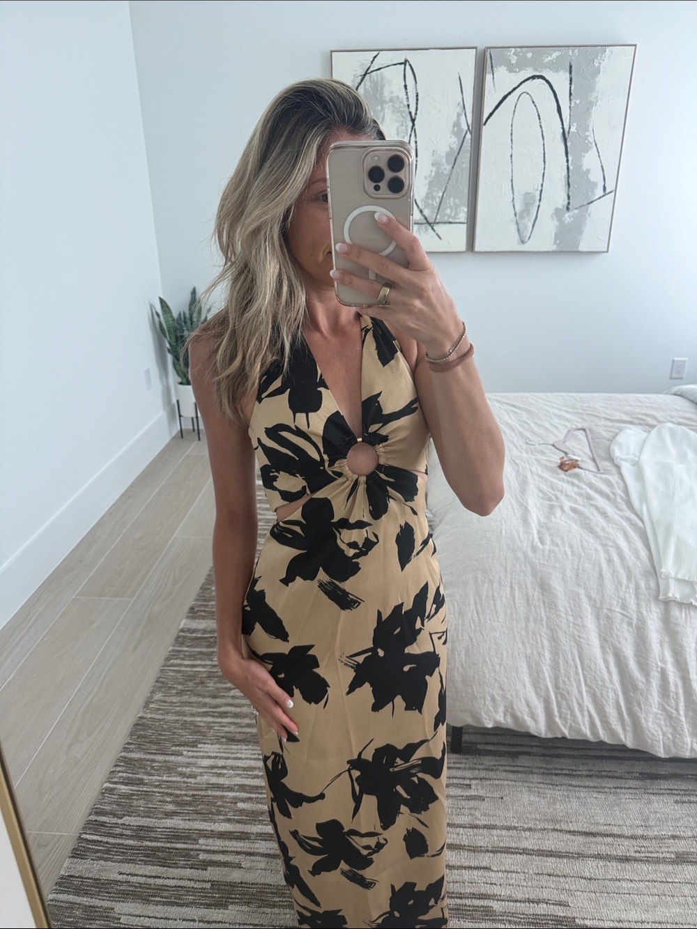 Vici Beige Halter Maxi Dress with Black Floral Print